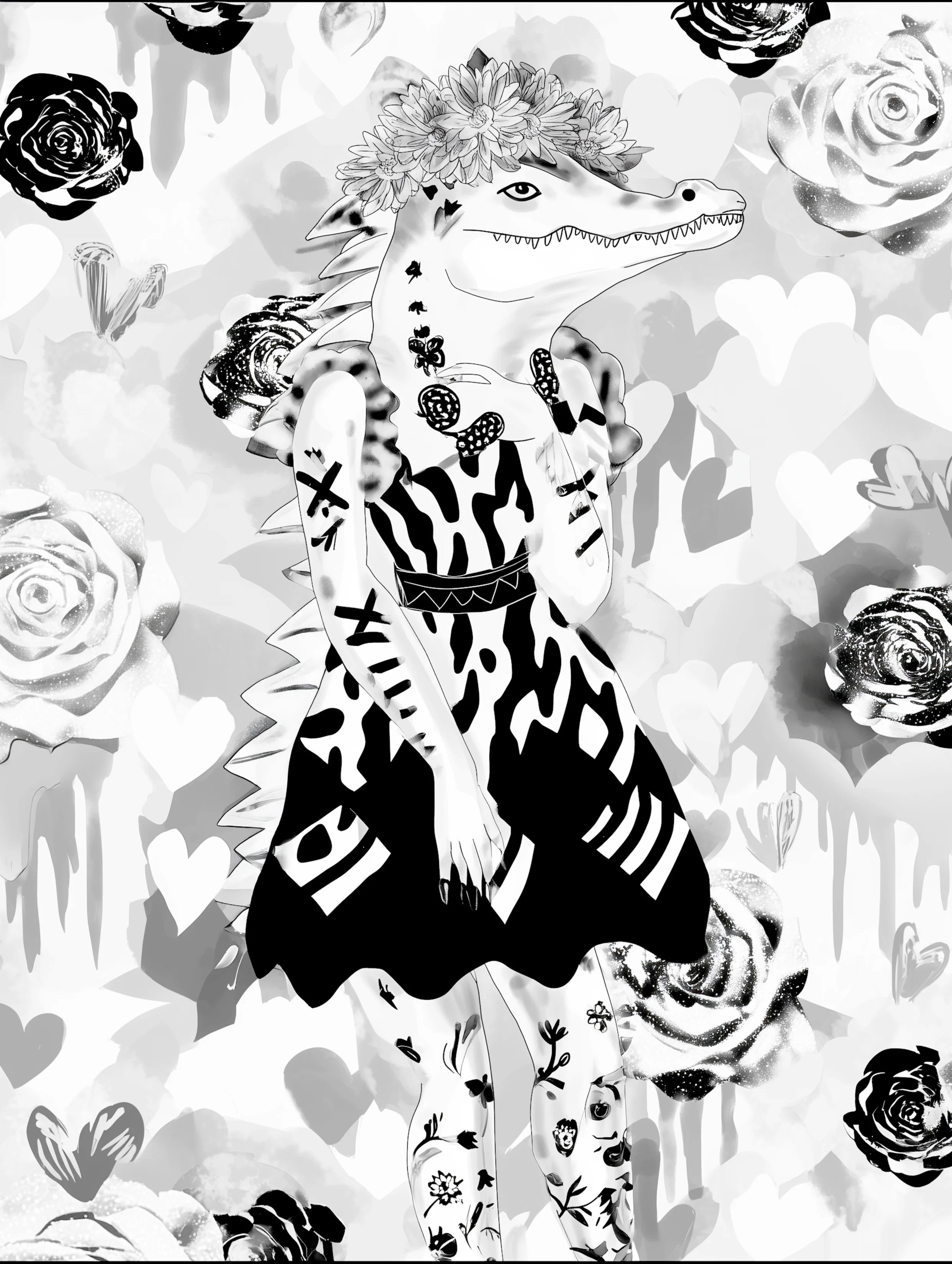 Free printable crocodile coloring pages for adults featuring croc standing in a dress